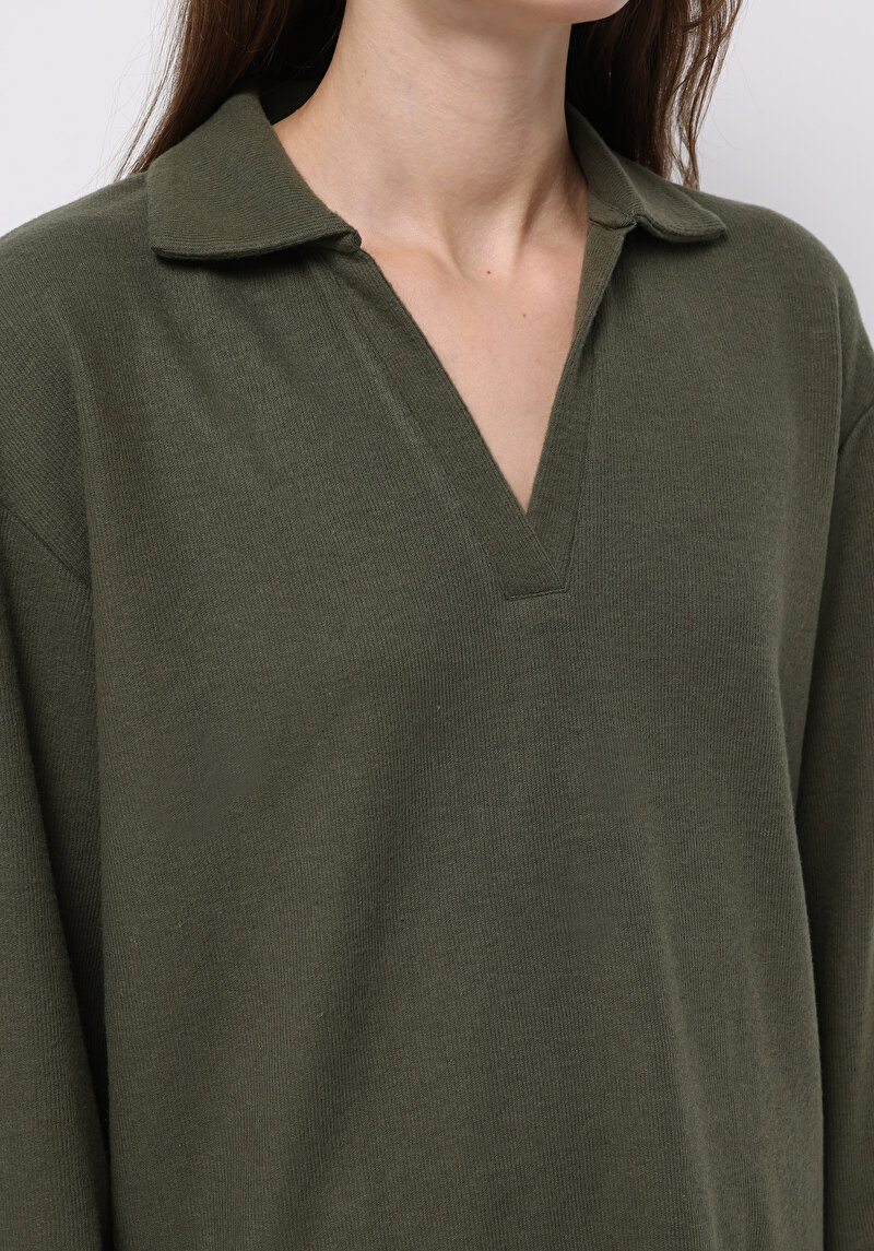 Regular Fit Polo Yaka Düz Kadın Yeşil Tişört