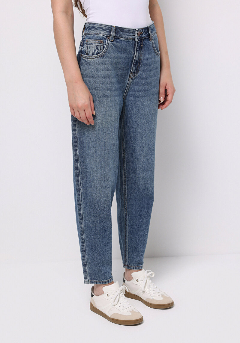 Barrel Fit Kadın İndigo Jean Pantolon
