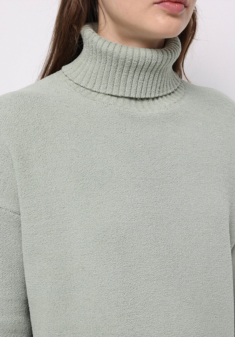 Regular Fit Balıkçı Yaka Düz Kadın Yeşil Kazak