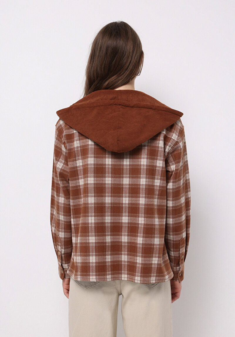 Regular Fit Kapüşonlu Ekoseli Kadın Bej Uzun Kol Gömlek