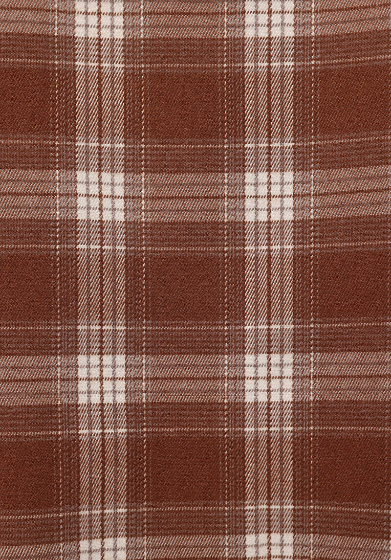 Regular Fit Kapüşonlu Ekoseli Kadın Bej Uzun Kol Gömlek