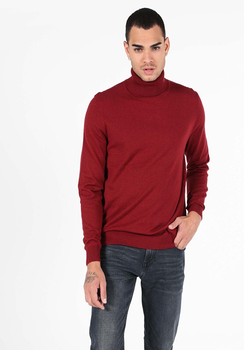 Slim Fit Balıkçı Yaka Jakarlı Erkek Kirmizi Kazak