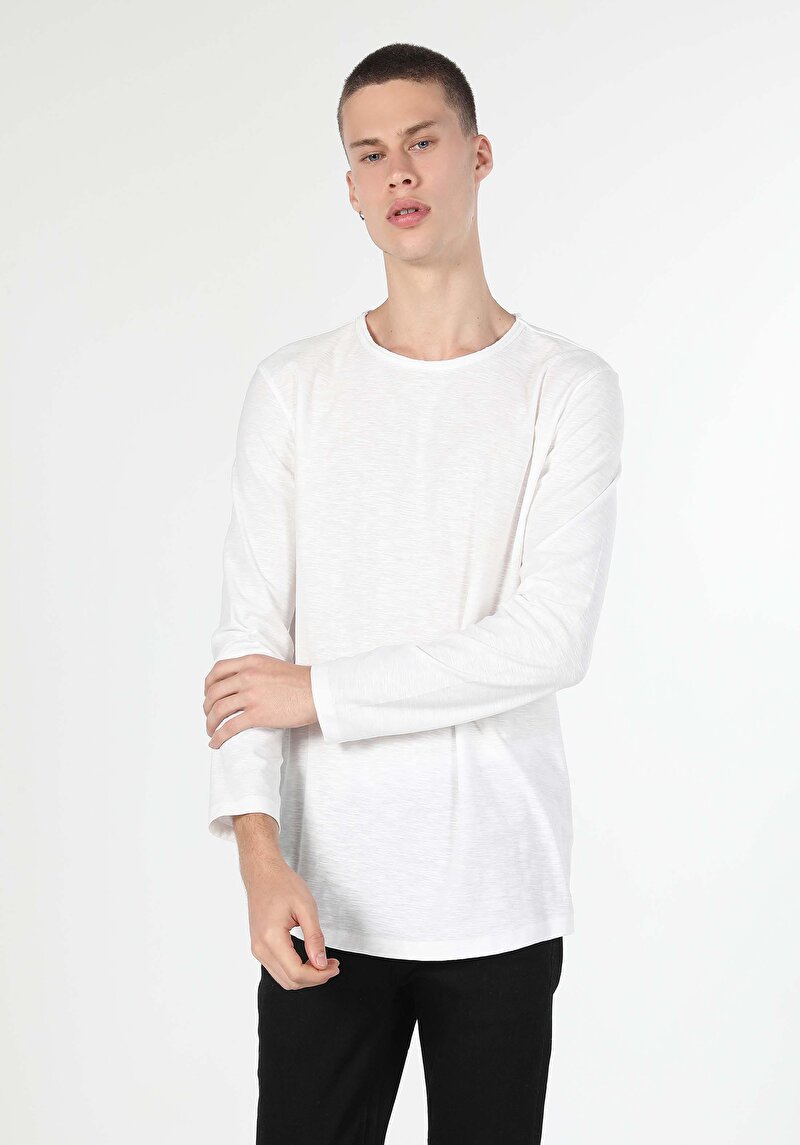 Regular Fit Yuvarlak Yaka Düz Erkek Beyaz Uzun Kol Örme Tişört