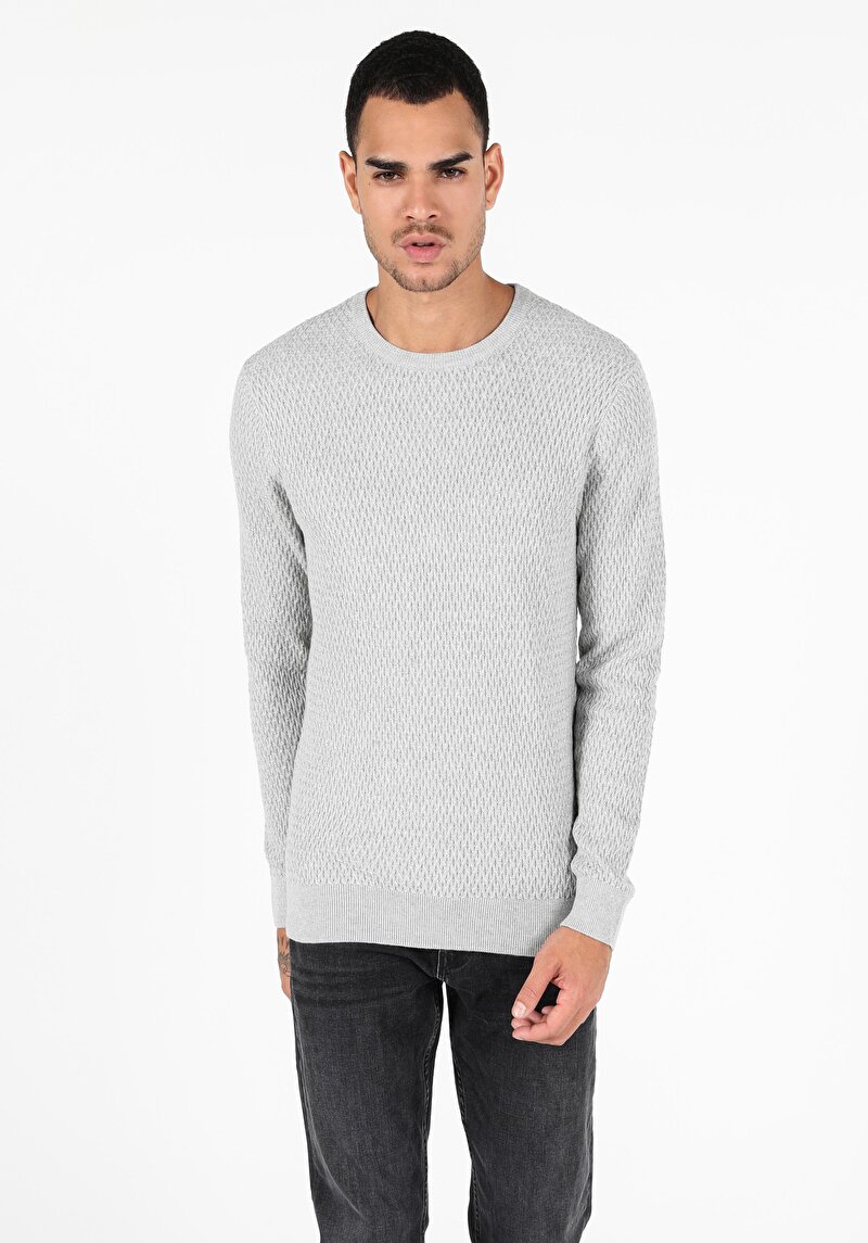 Slim Fit Pamuklu Yuvarlak Yaka Erkek Gri Kazak
