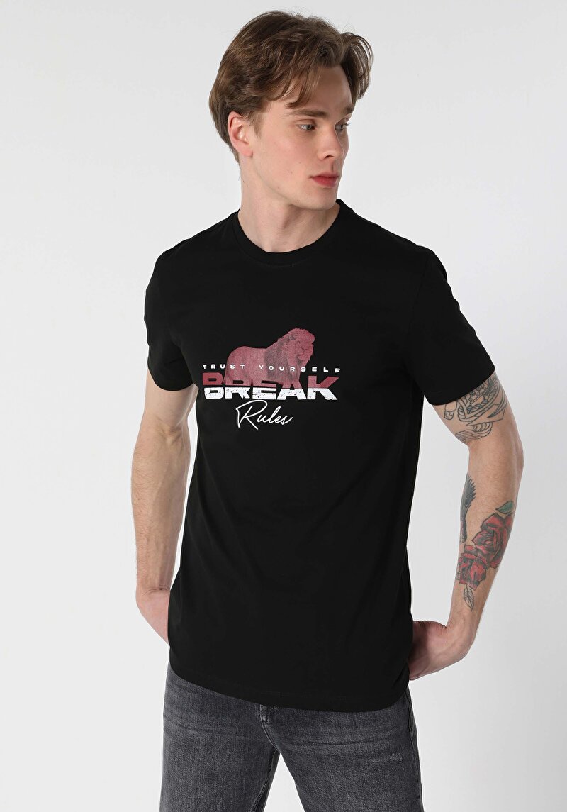 Regular Fit Yuvarlak Yaka Baskılı Erkek Siyah Kısa Kol Tişört