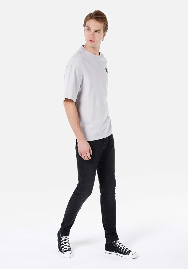 Oversize Fit Yuvarlak Yaka Düz Erkek Gri Kısa Kol Tişört