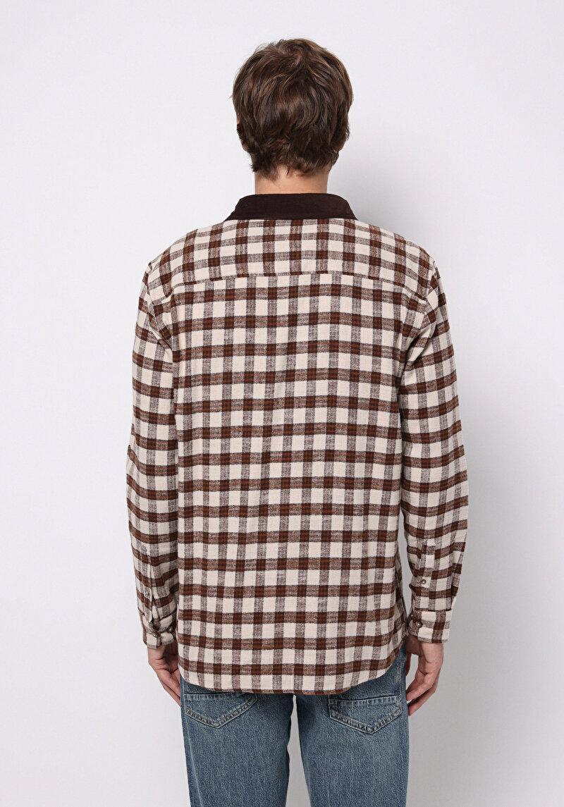 Comfort Fit Shirt Neck Kareli Erkek Kahverengi Uzun Kol Gömlek