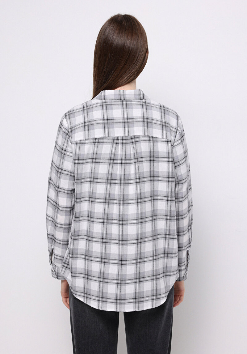 Regular Fit Shirt Neck Ekoseli Kadın Gri Uzun Kol Gömlek
