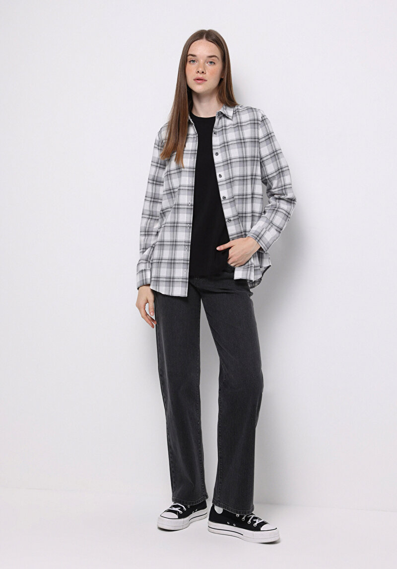 Regular Fit Shirt Neck Ekoseli Kadın Gri Uzun Kol Gömlek