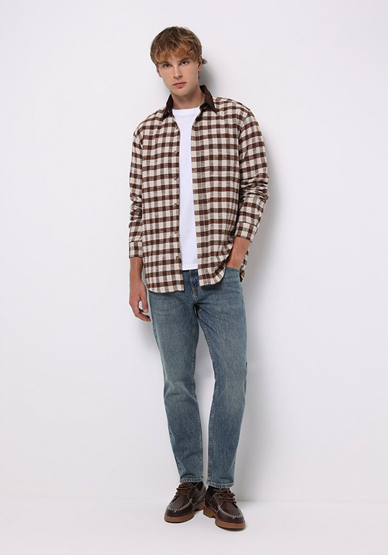 Comfort Fit Shirt Neck Kareli Erkek Kahverengi Uzun Kol Gömlek