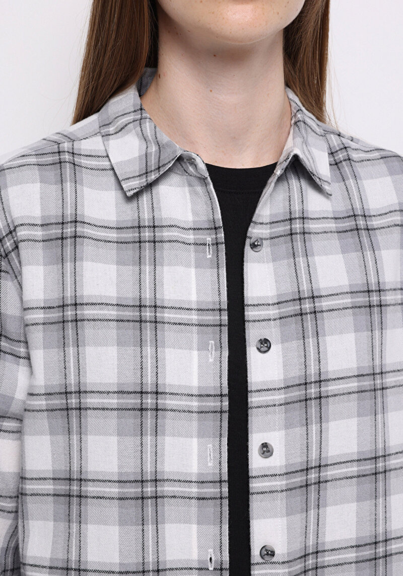 Regular Fit Shirt Neck Ekoseli Kadın Gri Uzun Kol Gömlek