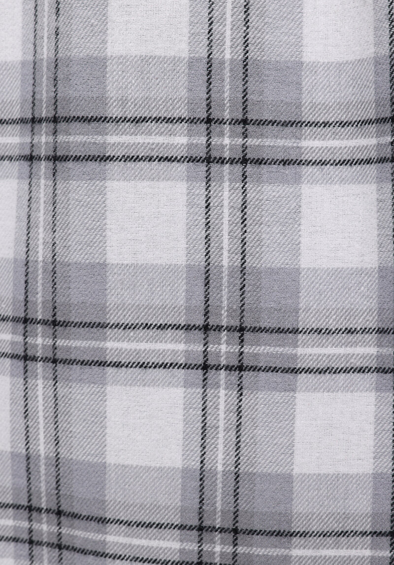 Regular Fit Shirt Neck Ekoseli Kadın Gri Uzun Kol Gömlek