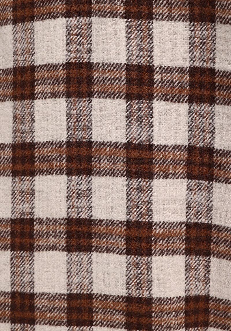 Comfort Fit Shirt Neck Kareli Erkek Kahverengi Uzun Kol Gömlek