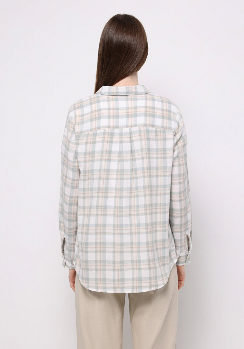 Regular Fit Shirt Neck Ekoseli Kadın Yeşil Uzun Kol Gömlek