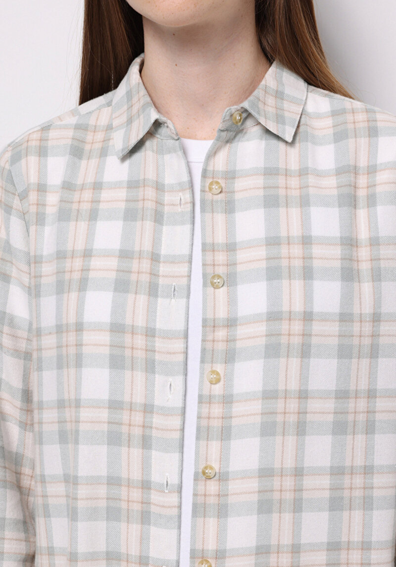 Regular Fit Shirt Neck Ekoseli Kadın Yeşil Uzun Kol Gömlek