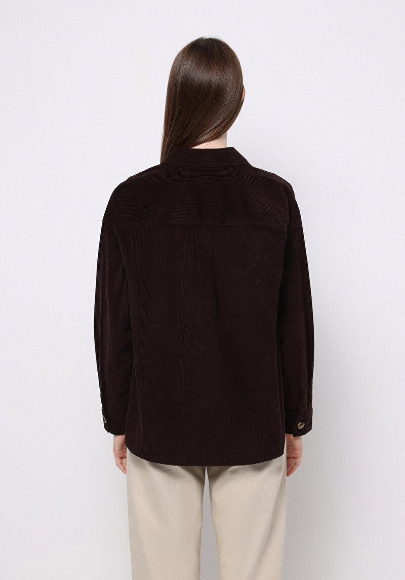 Regular Fit Shirt Neck Düz Kadın Kahverengi Uzun Kol Gömlek