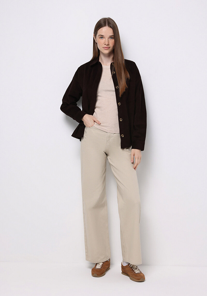 Regular Fit Shirt Neck Düz Kadın Kahverengi Uzun Kol Gömlek