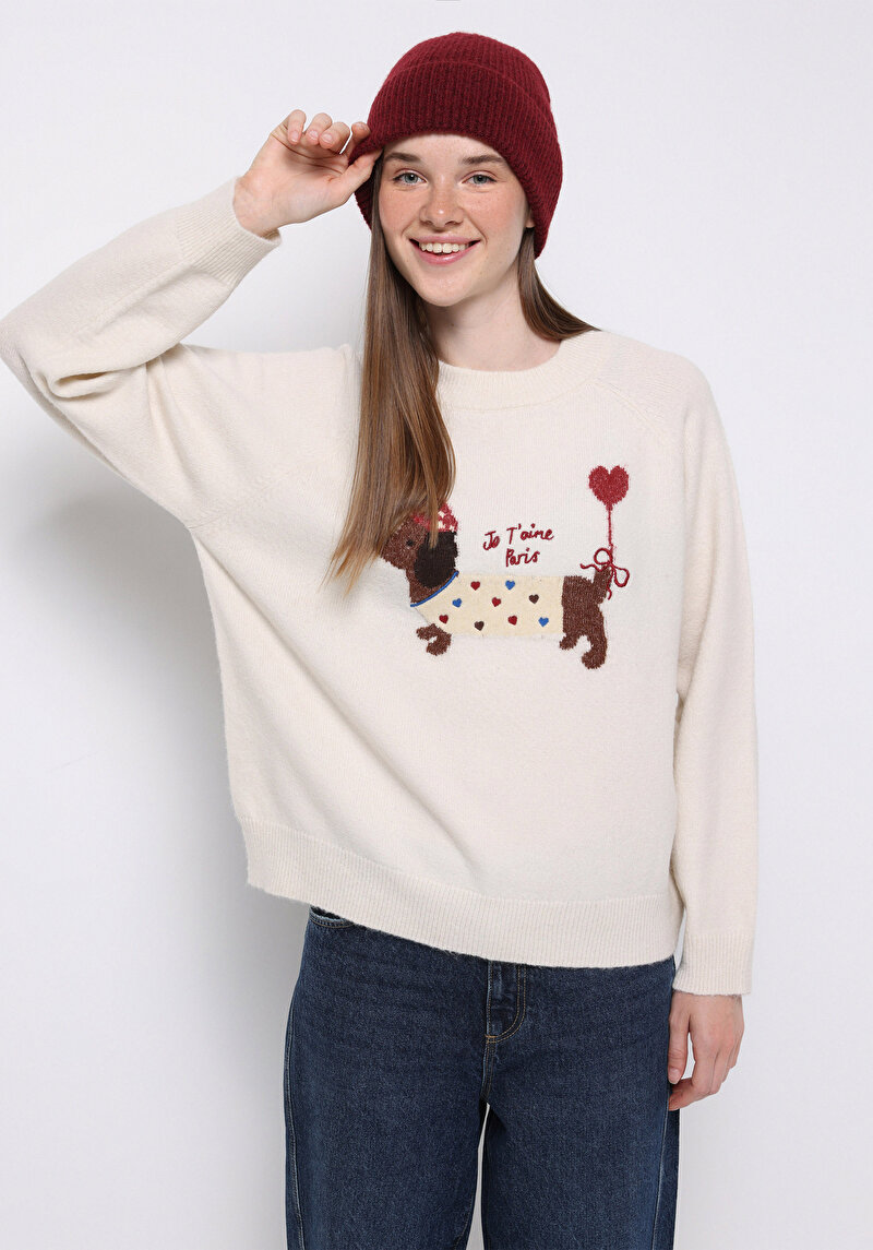 Relaxed Fit Yuvarlak Yaka Baskılı Kadın Ekru Kazak