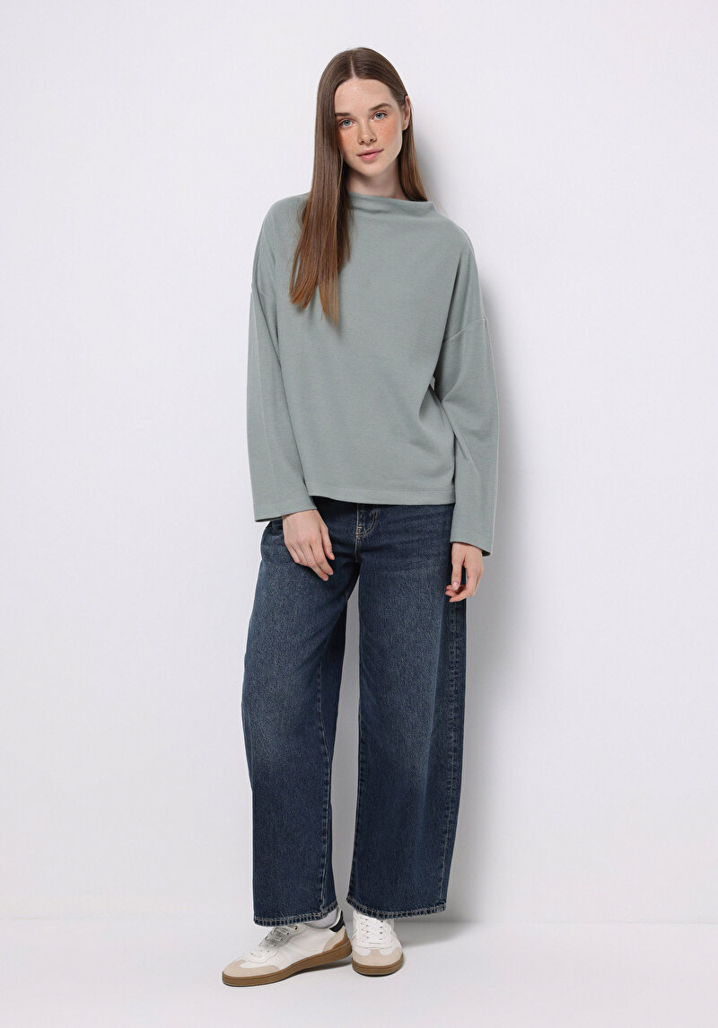 Relax Fit Yuvarlak Yaka Düz Kadın Yeşil Tişört