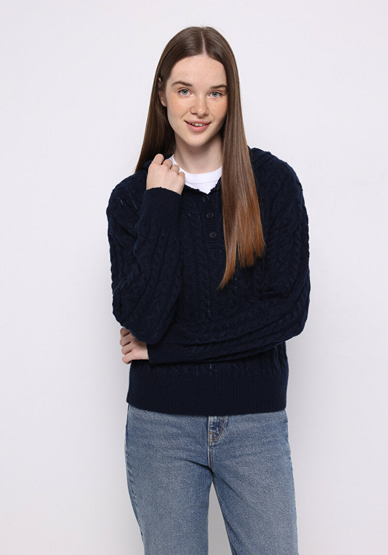 Regular Fit Kapüşonlu Düz Kadın Lacivert Kazak