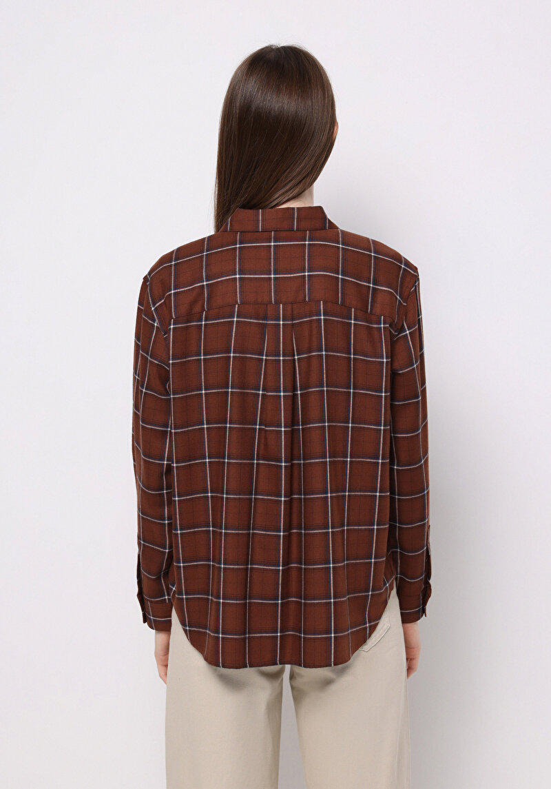 Regular Fit Shirt Neck Ekoseli Kadın Kahverengi Uzun Kol Gömlek