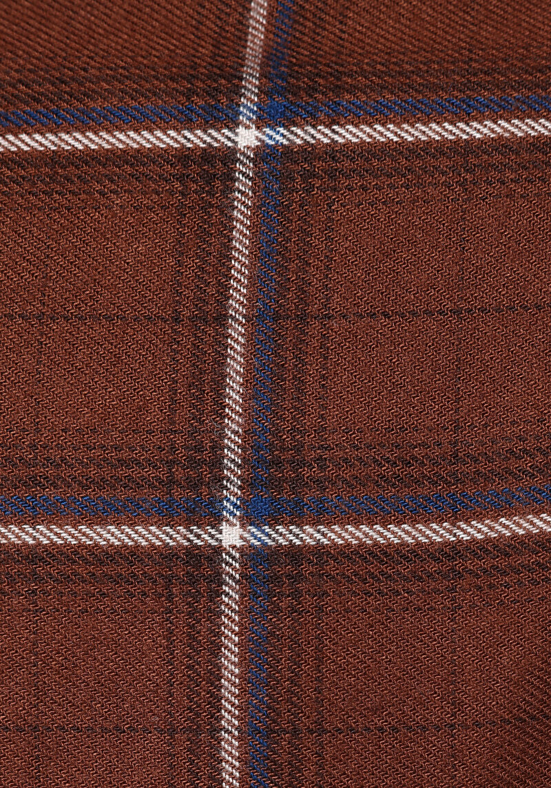 Regular Fit Shirt Neck Ekoseli Kadın Kahverengi Uzun Kol Gömlek