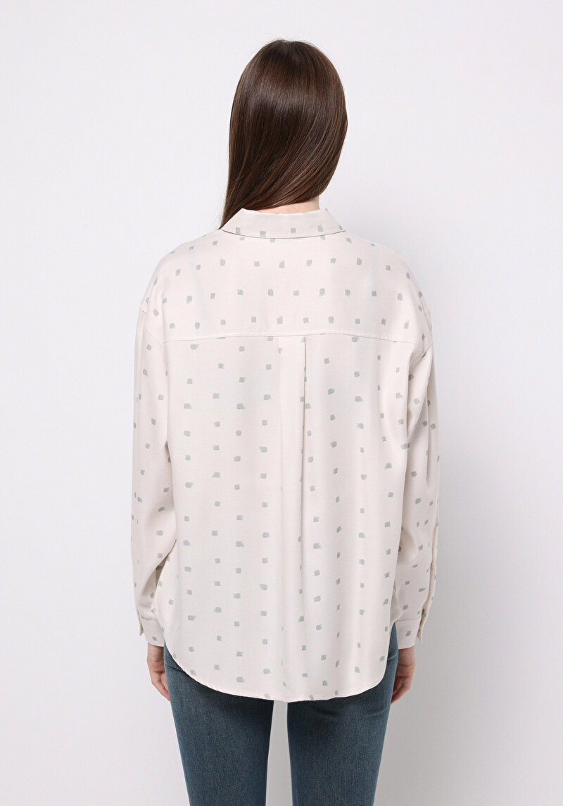 Relax Fit Shirt Neck Baskılı Kadın Ekru Uzun Kol Gömlek