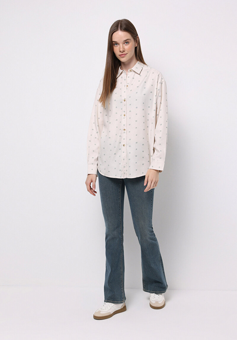 Relax Fit Shirt Neck Baskılı Kadın Ekru Uzun Kol Gömlek