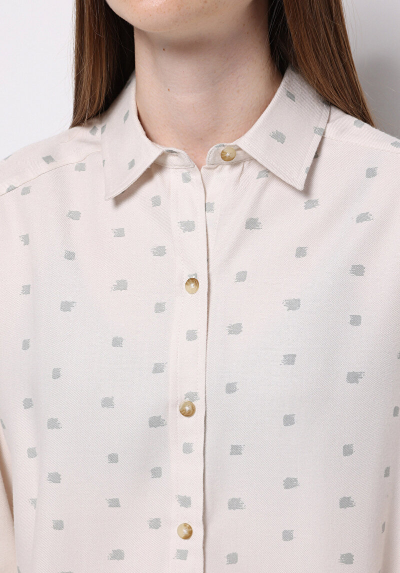 Relax Fit Shirt Neck Baskılı Kadın Ekru Uzun Kol Gömlek