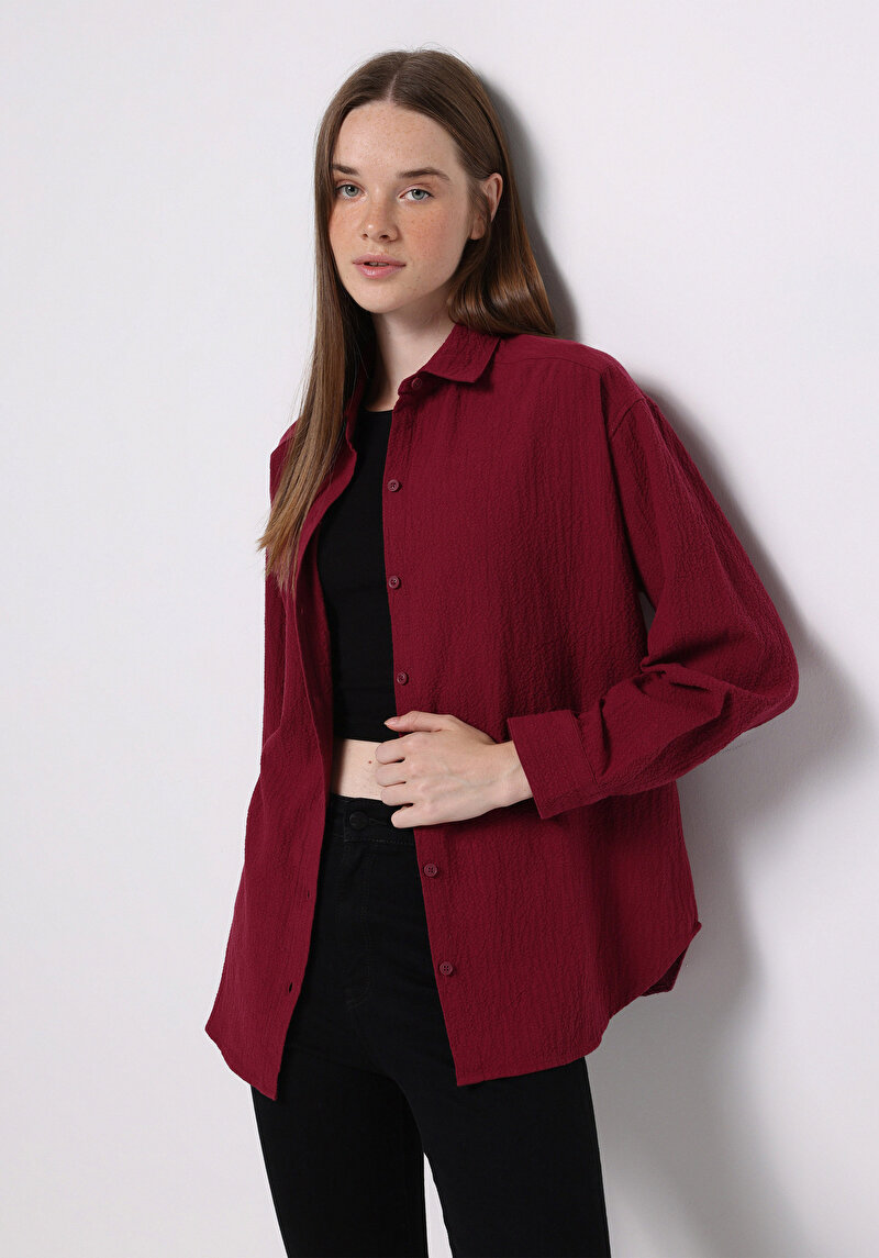 Relax Fit Shirt Neck Düz Kadın Bordo Uzun Kol Gömlek