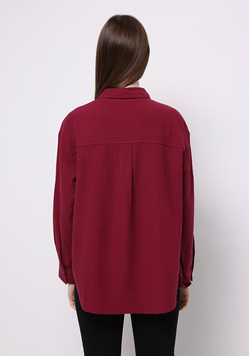 Relax Fit Shirt Neck Düz Kadın Bordo Uzun Kol Gömlek
