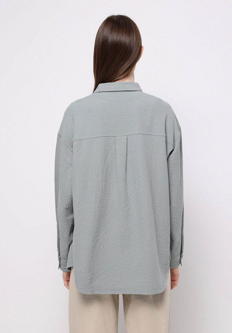 Relax Fit Shirt Neck Düz Kadın Yeşil Uzun Kol Gömlek