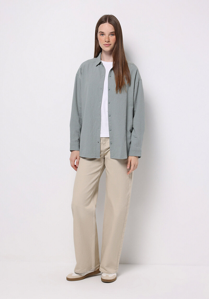 Relax Fit Shirt Neck Düz Kadın Yeşil Uzun Kol Gömlek