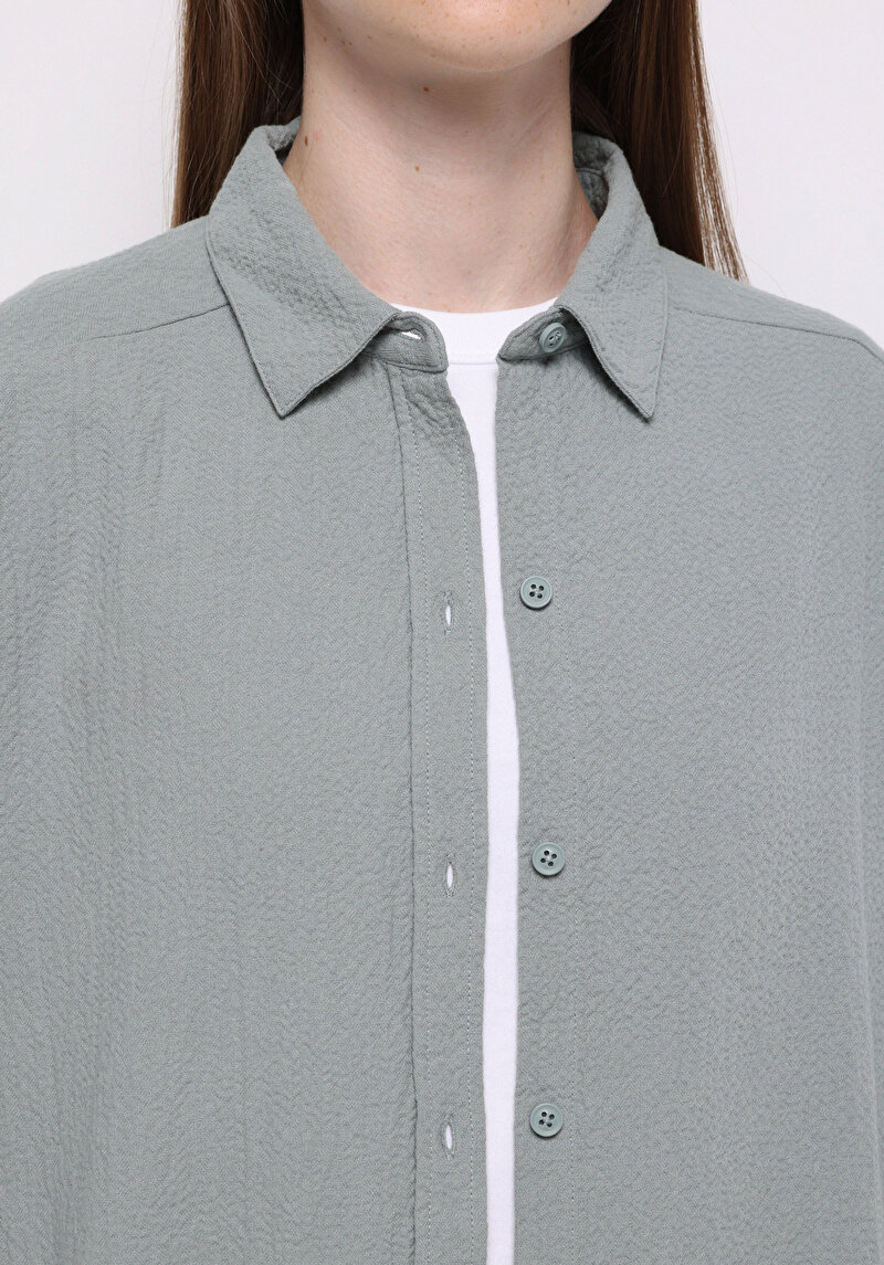 Relax Fit Shirt Neck Düz Kadın Yeşil Uzun Kol Gömlek