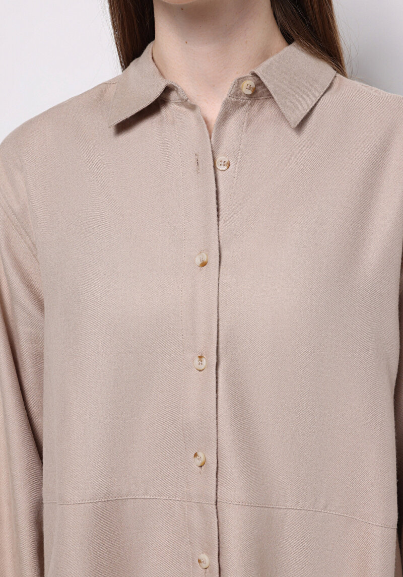 Relax Fit Shirt Neck Düz Kadın Bej Uzun Kol Gömlek