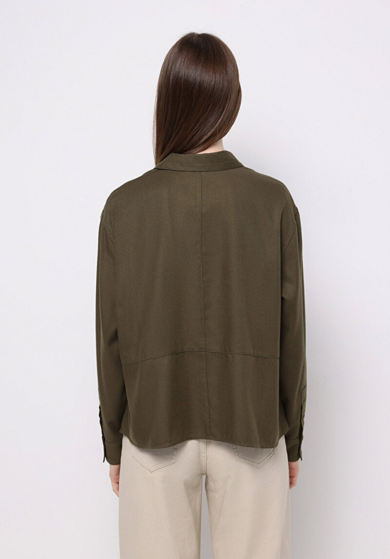 Relax Fit Shirt Neck Düz Kadın Yeşil Uzun Kol Gömlek