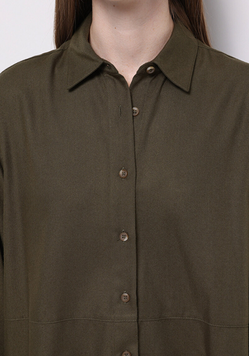 Relax Fit Shirt Neck Düz Kadın Yeşil Uzun Kol Gömlek