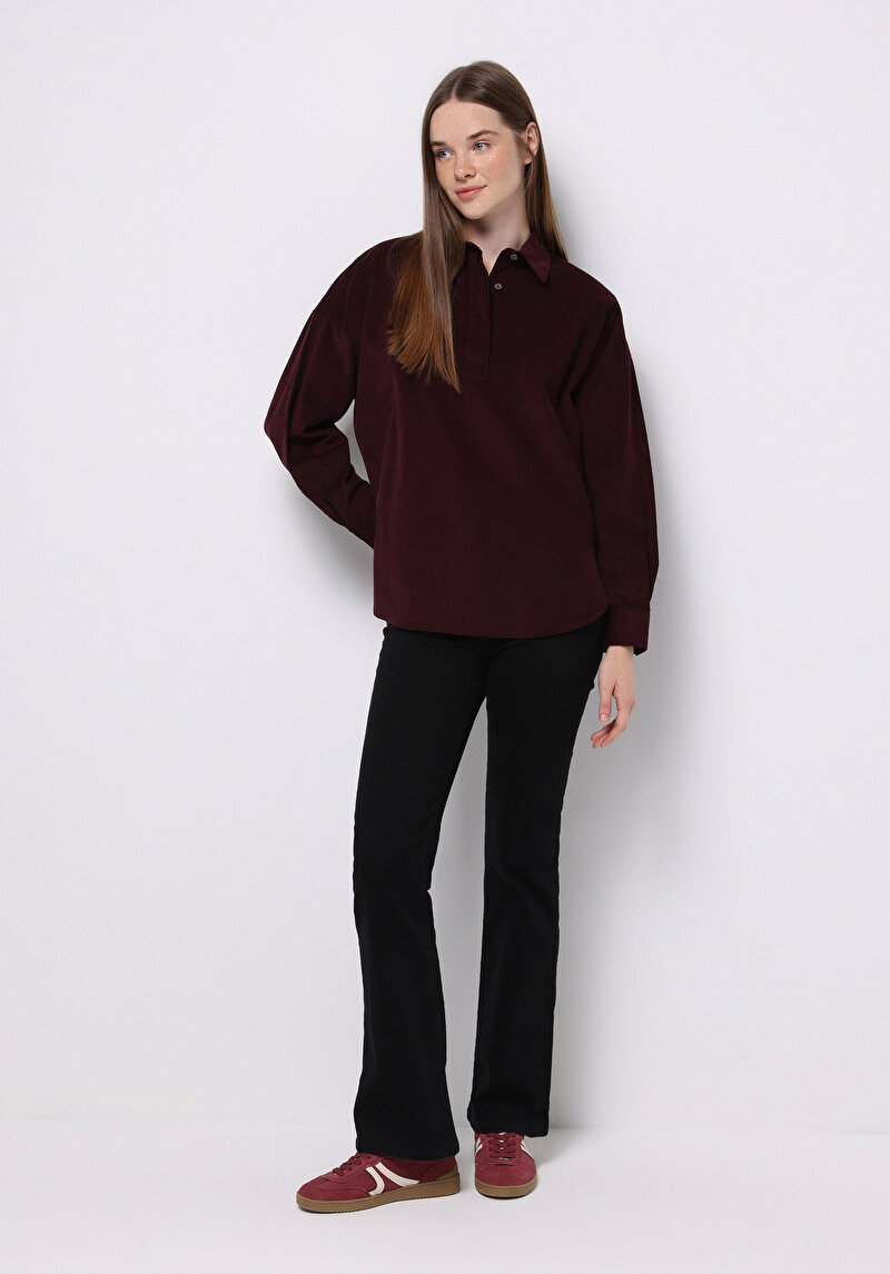 Relax Fit Shirt Neck Düz Kadın Bordo Uzun Kol Gömlek