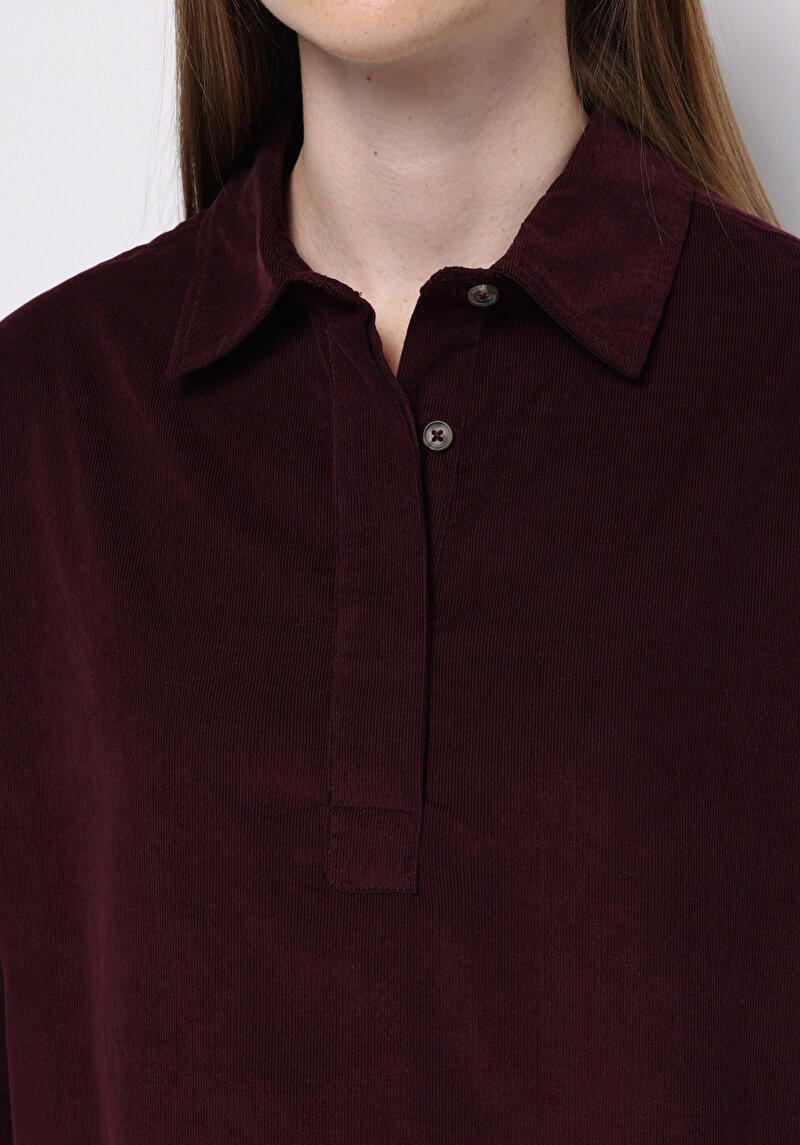 Relax Fit Shirt Neck Düz Kadın Bordo Uzun Kol Gömlek