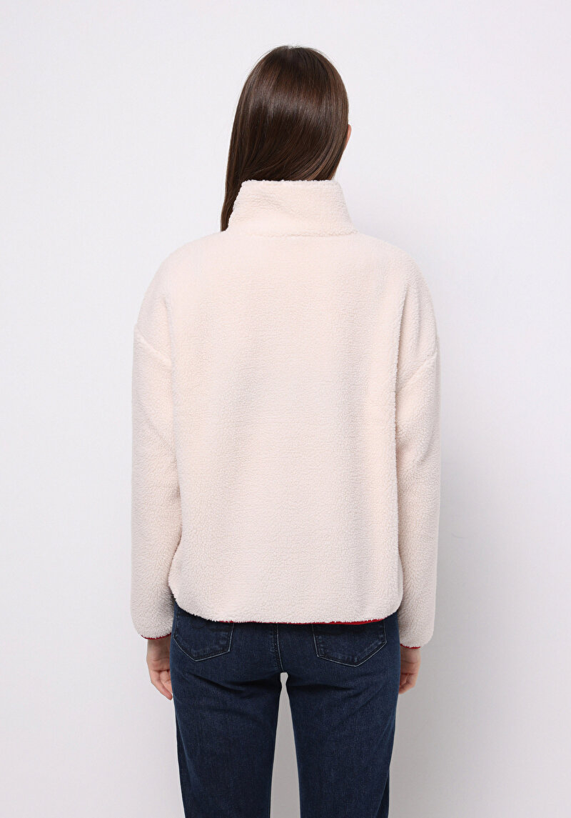 Regular Fit Fermuarlı Nakışlı Kadın Ekru Sweatshirt