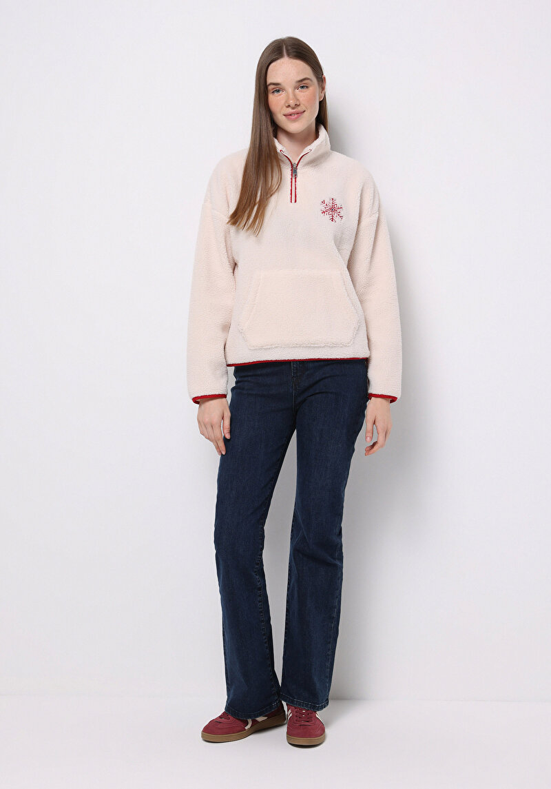 Regular Fit Fermuarlı Nakışlı Kadın Ekru Sweatshirt