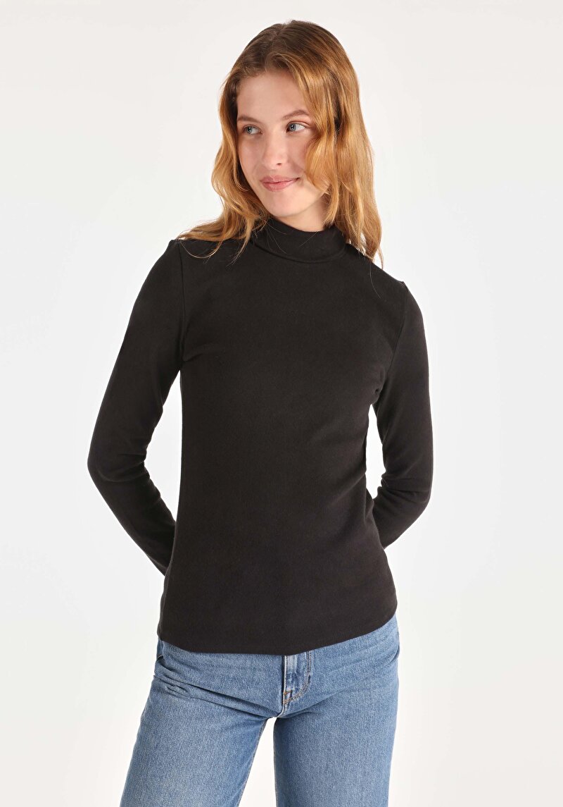 Slim Fit Balıkçı Yaka Düz Kadın Siyah Uzun Kol Tişört