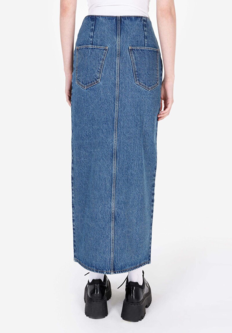 Slim Fit Pamuklu Kadın Mavi Etek