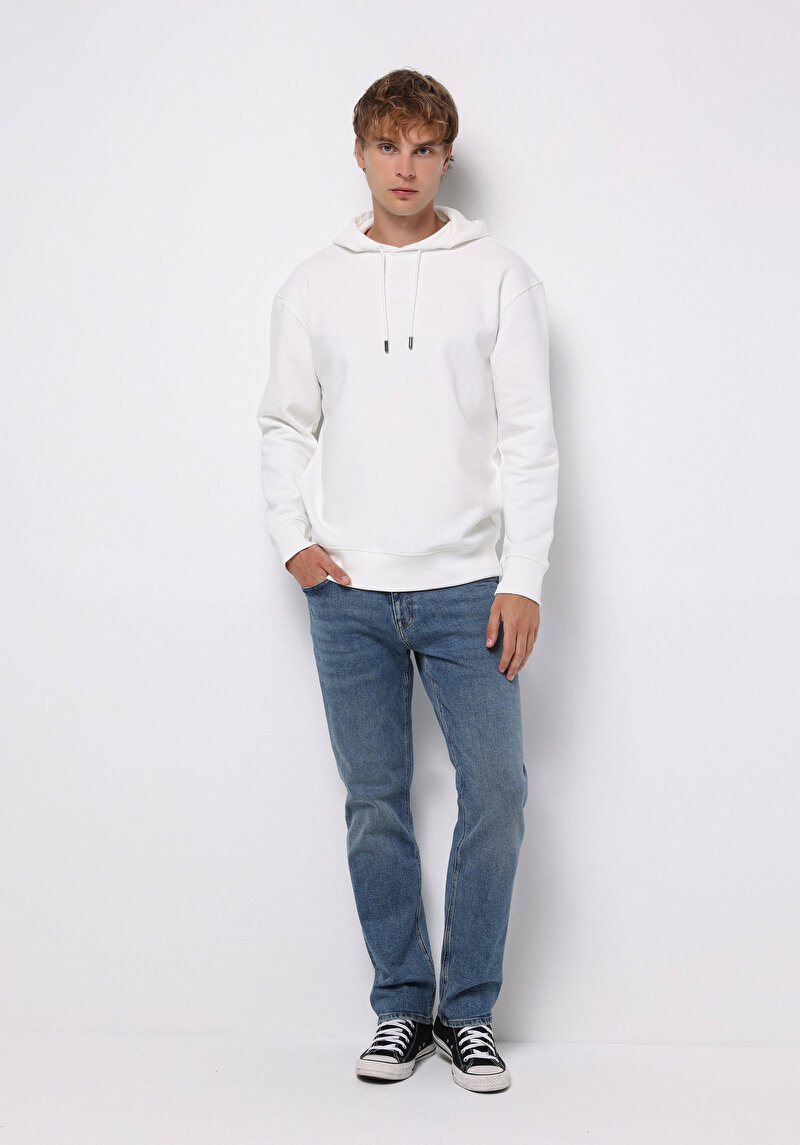 Comfort Fit Erkek Beyaz Sweatshirt