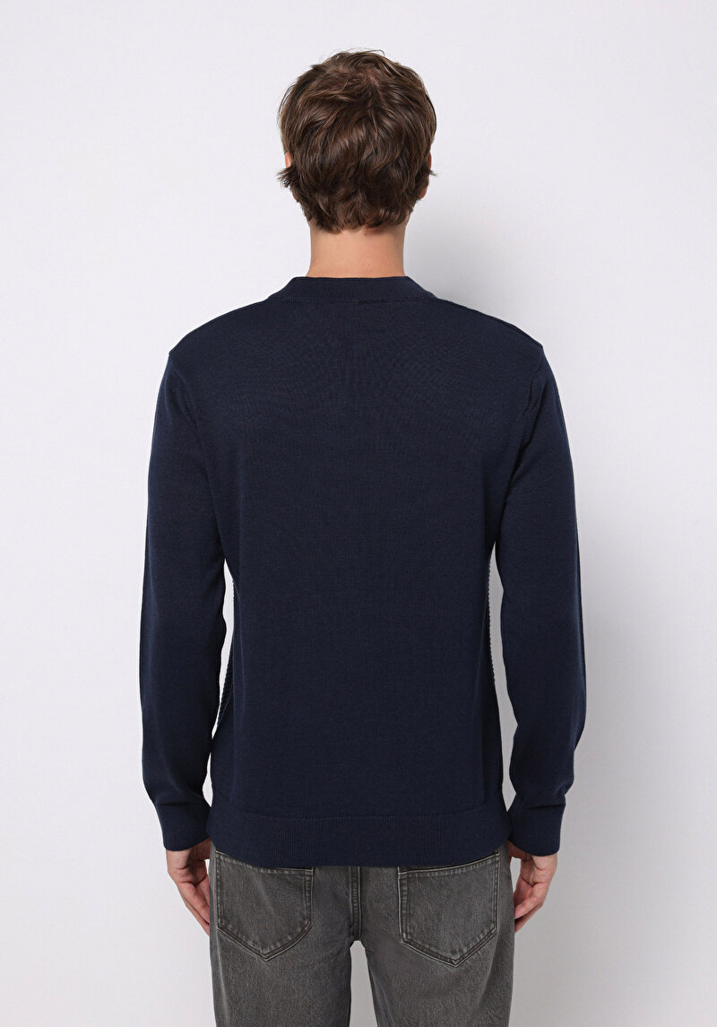 Regular Fit Yuvarlak Yaka Jakarlı Erkek Lacivert Kazak