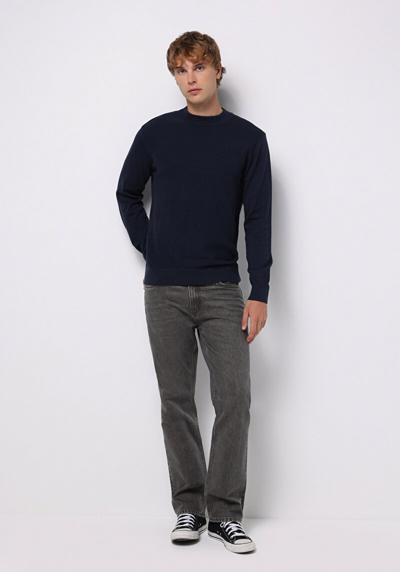 Regular Fit Yuvarlak Yaka Jakarlı Erkek Lacivert Kazak