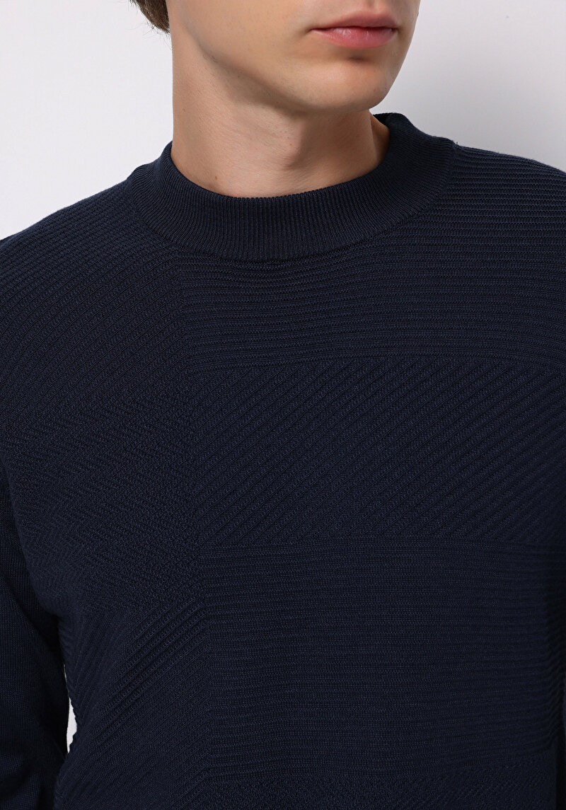 Regular Fit Yuvarlak Yaka Jakarlı Erkek Lacivert Kazak