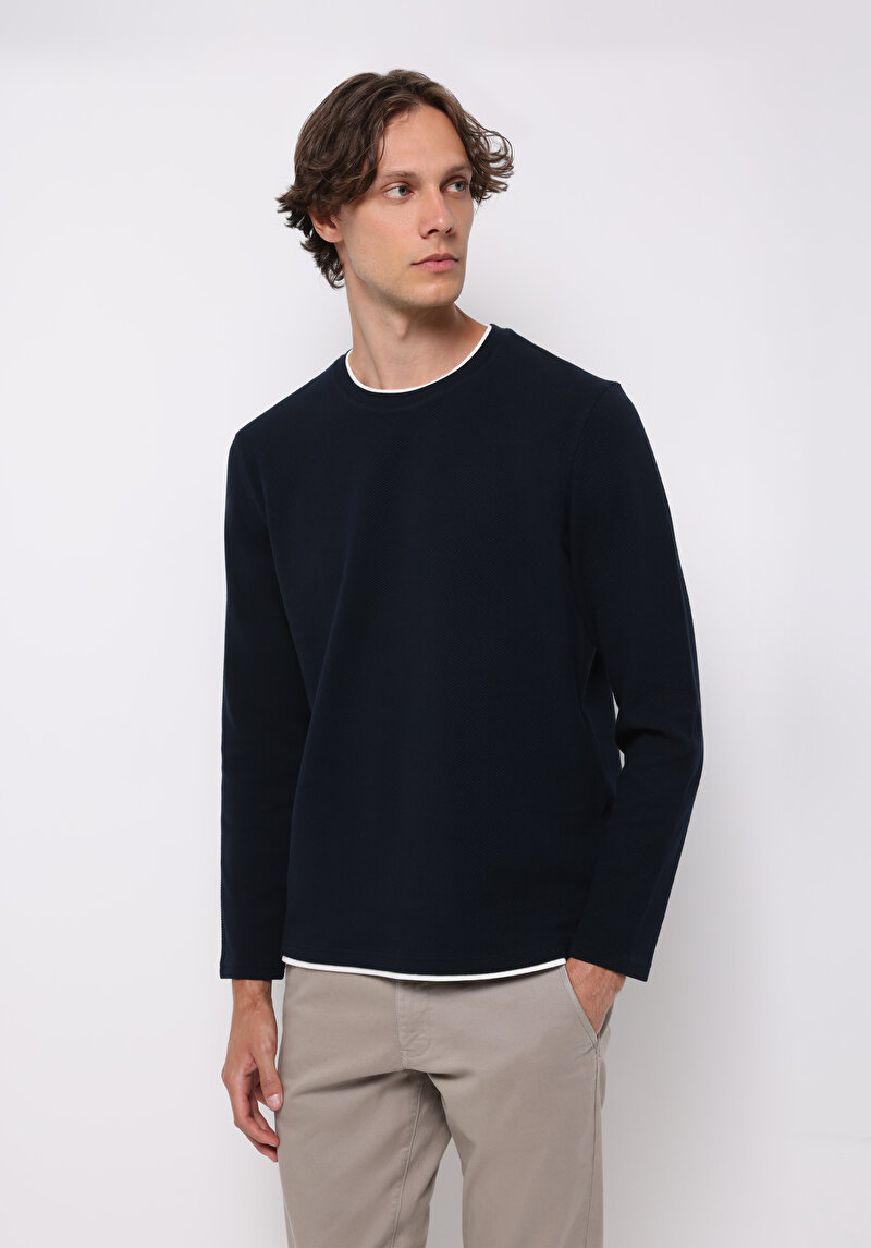 Regular Fit Yuvarlak Yaka Jakarlı Erkek Lacivert Uzun Kol Tişört