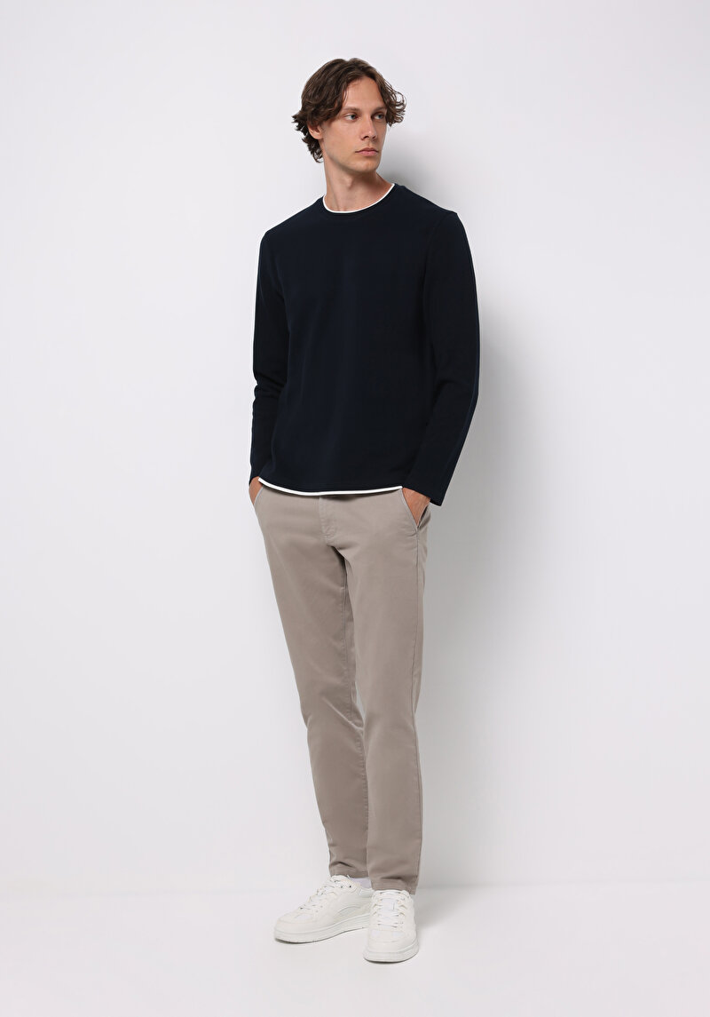 Regular Fit Yuvarlak Yaka Jakarlı Erkek Lacivert Uzun Kol Tişört