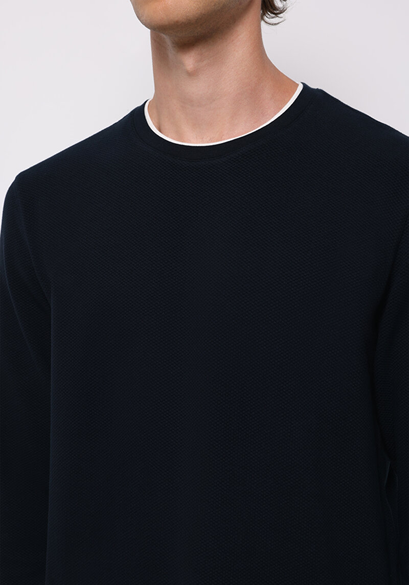 Regular Fit Yuvarlak Yaka Jakarlı Erkek Lacivert Uzun Kol Tişört